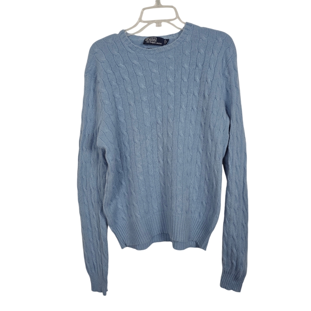 Polo By Ralph Lauren Sweater L 100 % Cashmere Blue Coastal Cable Knit Preppy